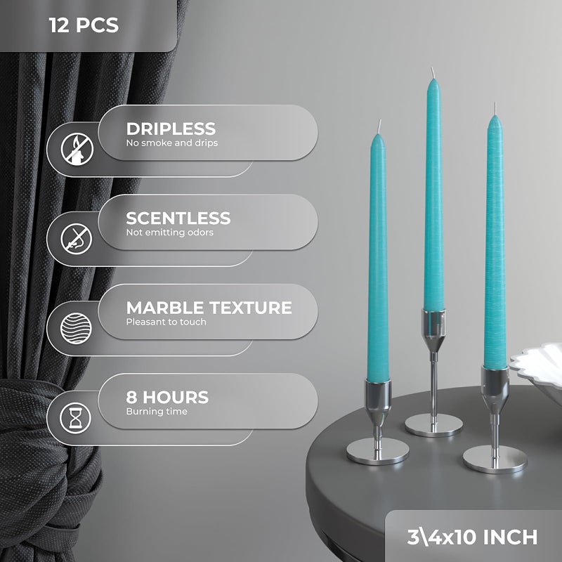 CANDWAX 10 inch Taper Candles Set of 12 - Dripless Taper Candles and Unscented Candlesticks - Perfect for Dinner or Wedding - Turquoise Candle - Image 2